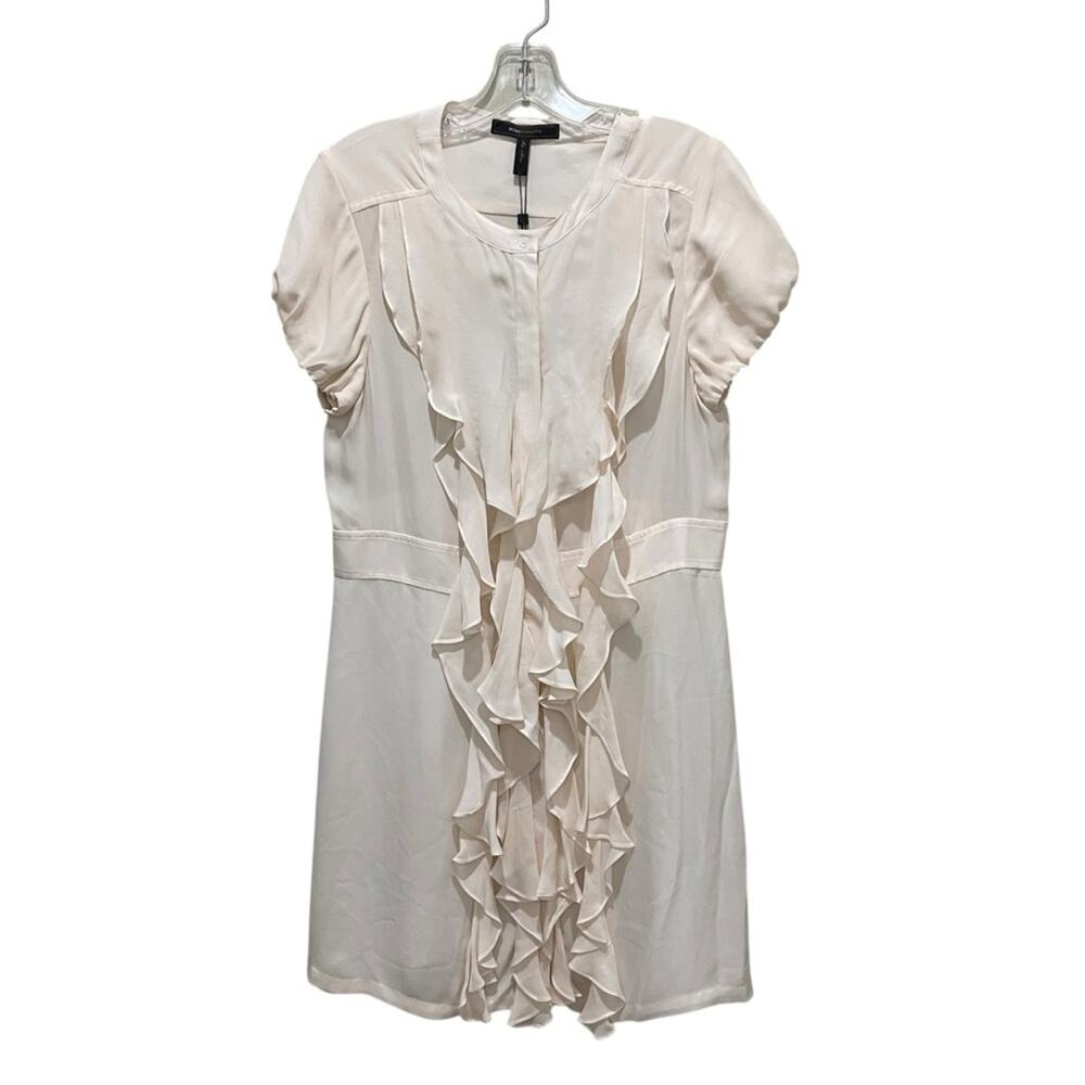 BCBGMAXAZRIA Silk Ruffle Front Short Sleeve Dress Off White Women’s Size Large